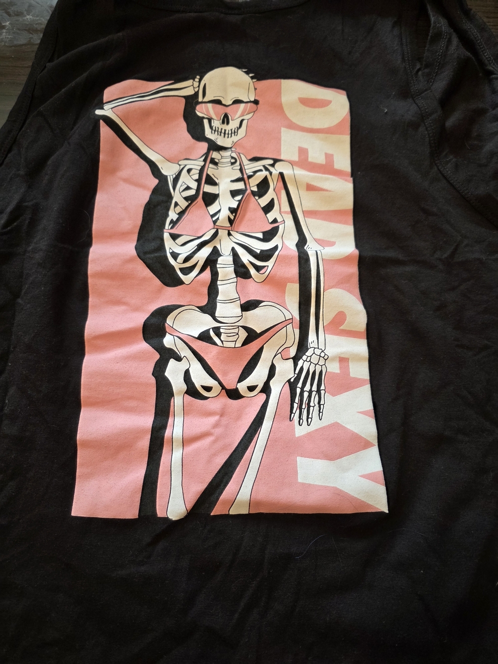 Black Graphic Tank Top with Pink Skeleton Print